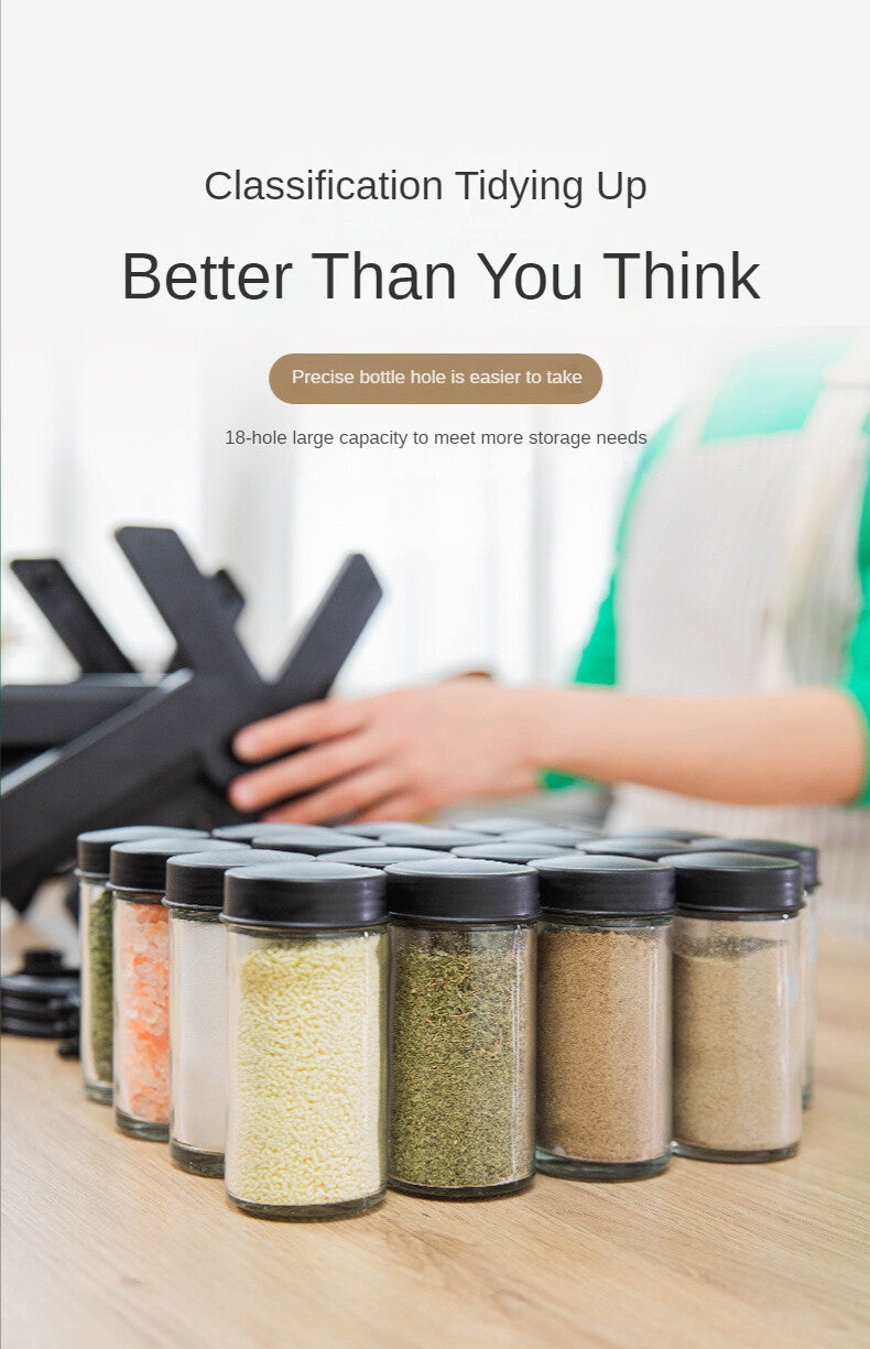 حامل التوابل الدوّار 360° مع 18 قارورة زجاجية – تنظيم مثالي للمطبخ