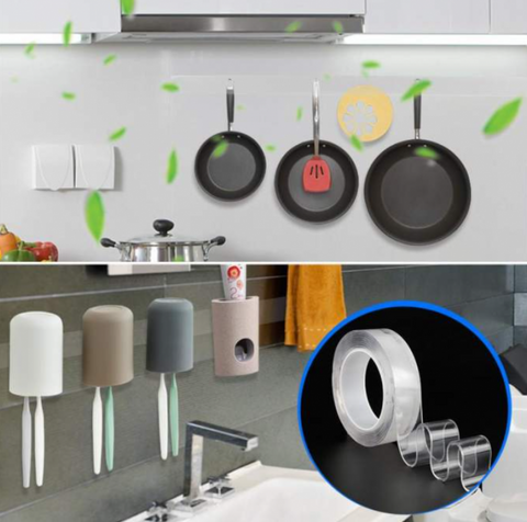 شريط لاصق نانو السحري الشفاف ✨ | تثبيت قوي، قابل للغسل وإعادة الاستعمال بدون حفر