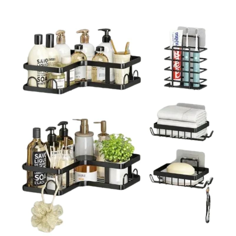 رفوف حمام ذكية بلا حفر – تثبيت قوي و ترتيب مثالي